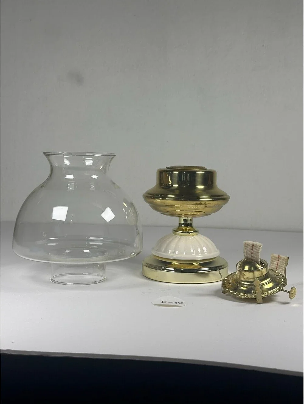 Vintage Style Brass & Ceramic Oil Lamp with Glass Chimney - Storage F-10
